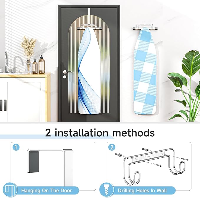 Ironing Board Holder Wall Mount, Over The Door Ironing Board Holder, Over The Door Or Wall Mount Ironing Board Hanger for Y & T Leg Iron Boards (Silver)