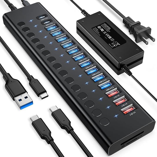 Powered USB Hub 10Gbps, 17 Ports 96W USB 3.2 Hub(10 USB-A 3.2 Ports+3 QC 24W Fast Charging Ports+2 USB-C 3.2 Ports+SD/TF Card Reader), 12V/8A Power Adapter for Laptop, PC, Computer, HDD,Flash Drive