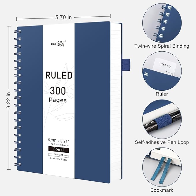 RETTACY Spiral College Ruled Notebook, 300 Pages, A5 Medium Size (5.7" x 8.2"), for School, Work, Writing, Journaling, 100 GSM Thick Paper, Flexible Plastic Cover (Navy Blue)