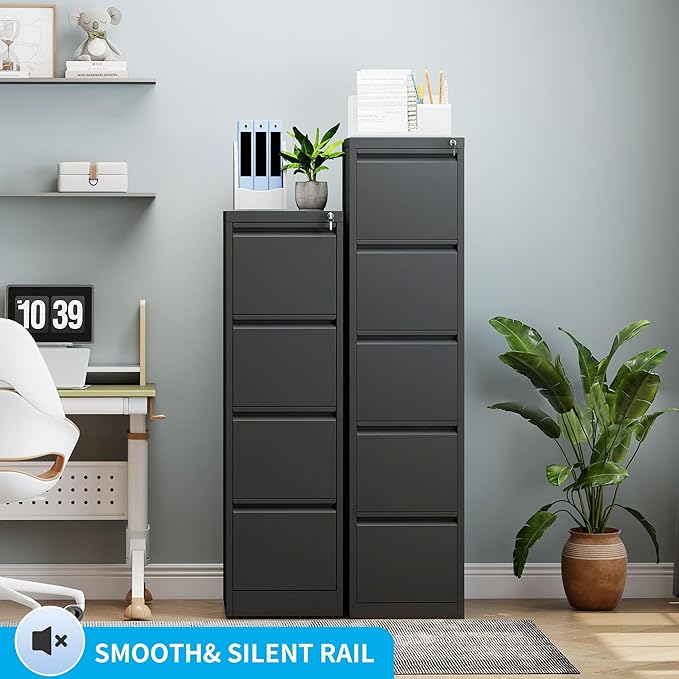 Metal File Cabinet 4 Drawers, Vertical Filing Cabinet for Home Office, File Cabinets with Lock for Legal Letter Size Hanging File Folders Storage Cabinet, (Black)