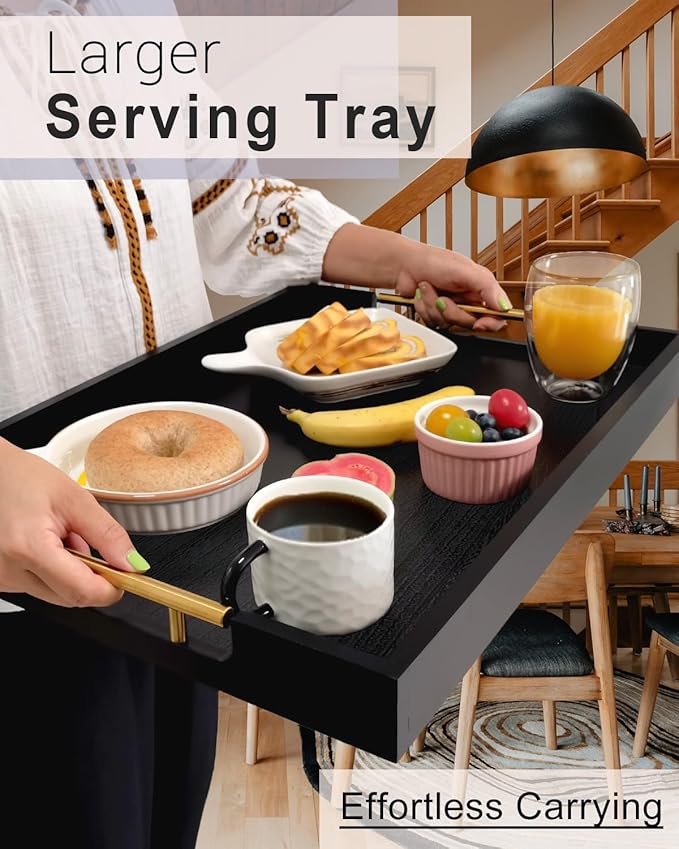 22 Inch Rectangle Black Ottoman Tray with Gold Metal Handles, Extra Large Wooden Serving Tray for Living Room, Coffee Table, Kitchen & Hosting