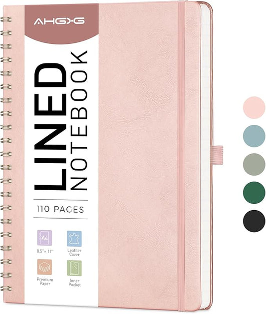 AHGXG Lined Spiral Notebook 8.5" x 11", A4 Large Notebook Journals for Women Men, Leather Hardcover, 100 GSM Thick College Ruled Paper, Notebooks for Work School Note Taking Writing, Rose Gold