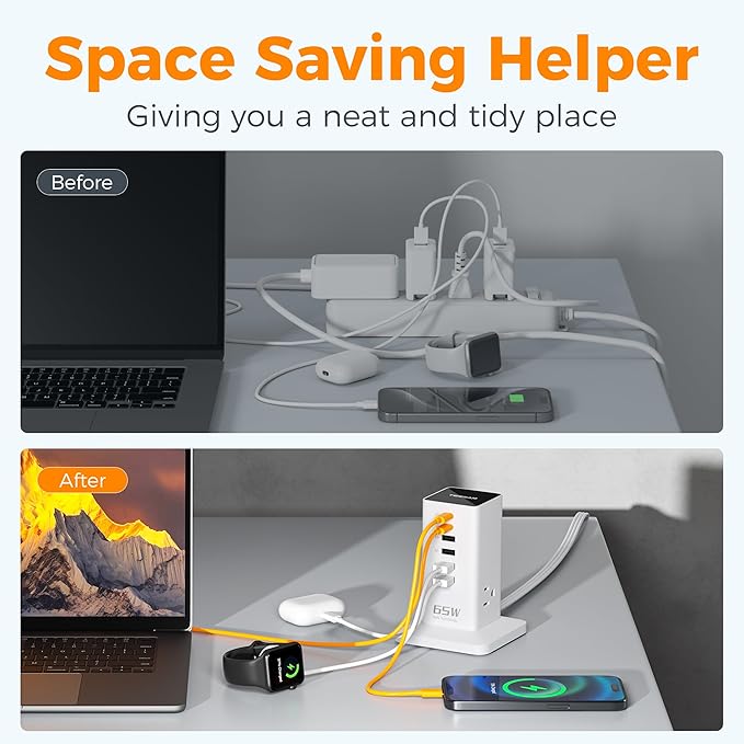 USB Charging Station for Multiple Devices PD 65W, TESSAN 9-in-1 USB C Charger Block for iPhone 17/16/15, MacBook, Tablet, Type C Desktop Charger with 3 AC, Home Travel Office Accessories, White