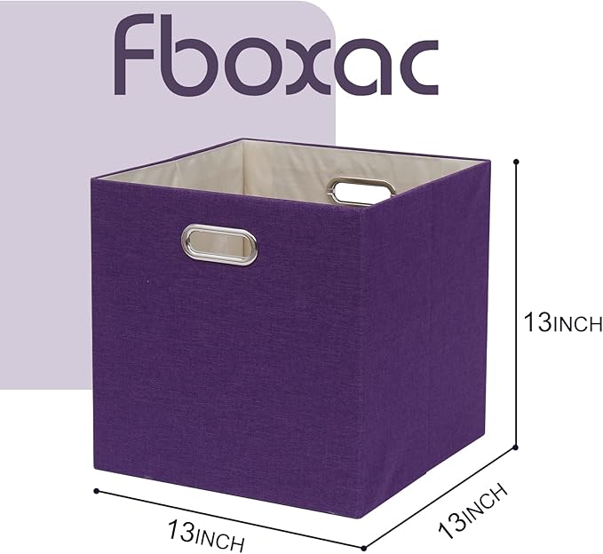 Collapsible Basket Fabric Foldable Box with Handles, 13x13 Cube Storage Bins Set of 4, Thick and Heavy Duty Storage Baskets for Shelves Bedroom Livingroom,Purple