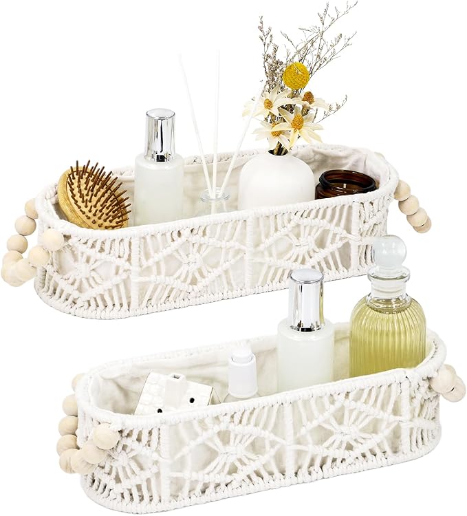 Small Storage Basket for Organizing, Woven Boho Decor Oval Macrame Toilet Paper Baskets for Toilet Tank Top Living Room Bedroom Entryway Decorative Counter Home Decor, Set of 2, White