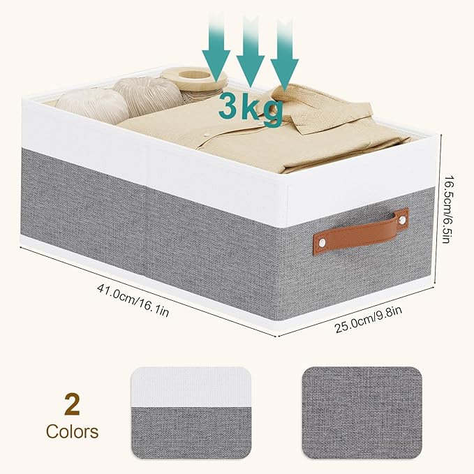 Storage Bins, 16.1 × 9.8 × 6.5 Inch Storage Cubes with Handles, Closet Organizers for Organizing Shelves, White and Grey, 6-Pack