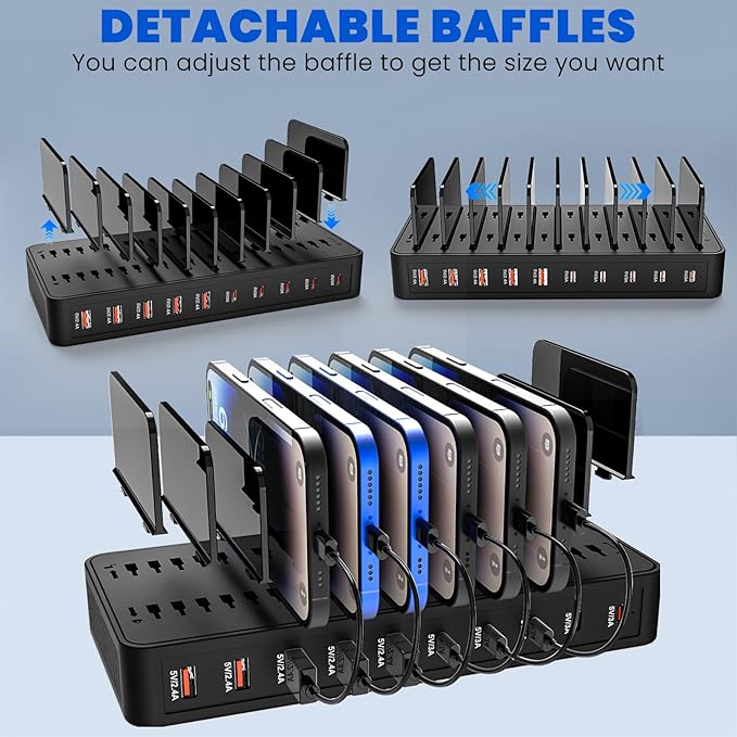 Charging Station for Multiple Devices, 100W 10 Ports Charging Dock with 10 Cables Smart IC Tech and Adjustable Dividers Type-C，Multi USB Charger for iPhone Galaxy iPad Tablet，Black