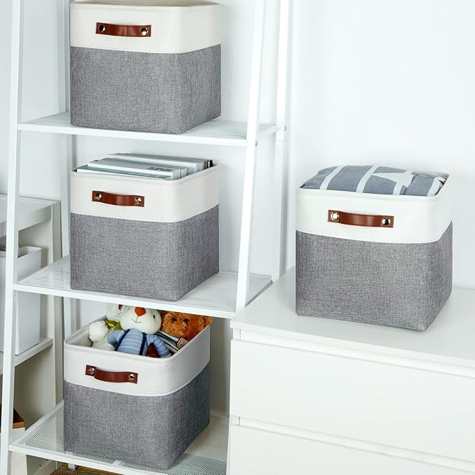 Temary Fabric Storage Baskets - 11 Inch Storage Cubes Set of 4 for Organizing, Books, Blankets (White&Gray)