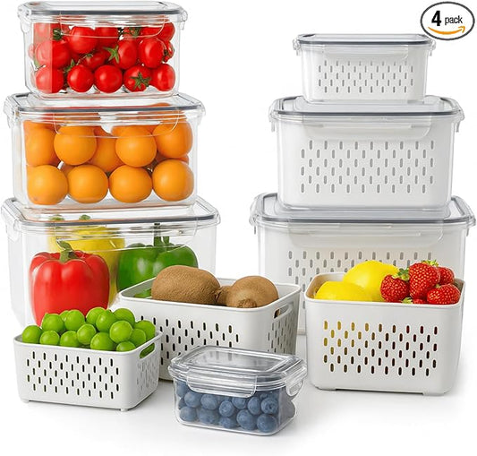 4 Pack Food Storage Containers with Lids – Refrigerator Organizer with Removable Colander & Drain Basket, Airtight Produce Saver for Fruits & Vegetables