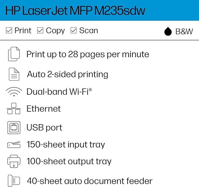 HP Laserjet MFP M235sdw All-in-One Laser Wireless Printer, Scan/Copy, Black & White, Duplex, Best for Office