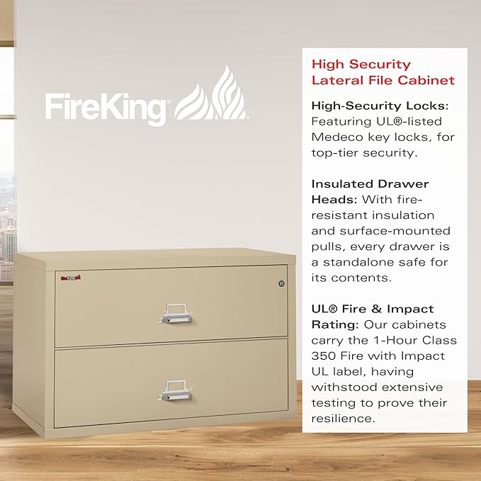 FireKing Fireproof Lateral File Cabinet (2 Drawers, Impact Resistant, Water Resistant), 27.75" H x 44.5" W x 22.13" D, Parchment