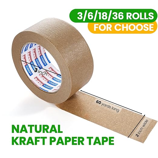 ADHES Kraft Paper Tape, 2 Inch x 60 Yards x 6 Rolls, Biodegradable Paper Packing Tape Writable & Uncoated Brown Shipping Tape for Shipping, Moving, Sealing