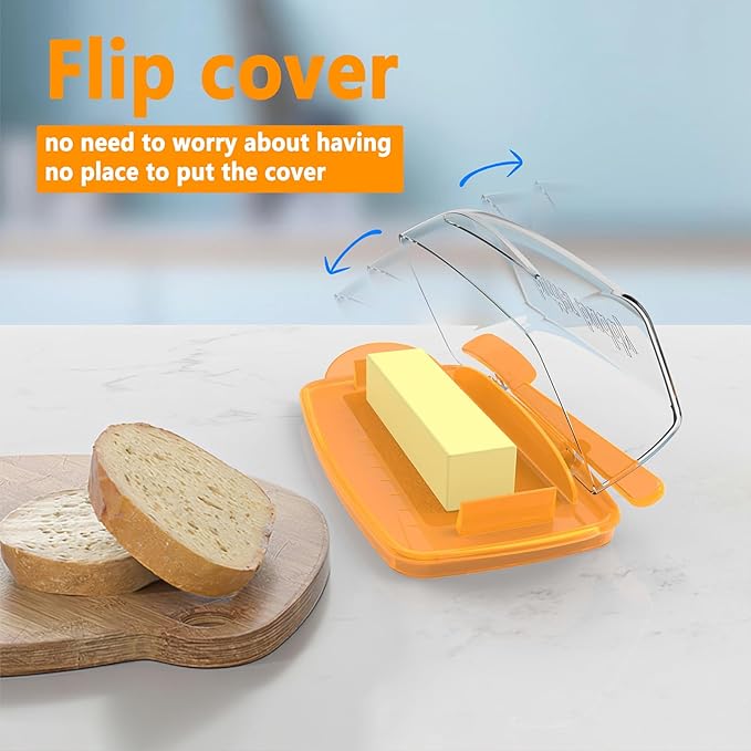 Butter Dishes with Lid for Countertop Refrigerator, Clear Butter Dish Plastic Flip Top Lid Butter Container with Spreader, Non-Slip Bottom Butter Holder Keeper (Transparent Cover Orange)