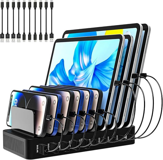 Charging Station for Multiple Devices, 100W 10 Ports Charging Dock with 10 Cables Smart IC Tech and Adjustable Dividers Type-C，Multi USB Charger for iPhone Galaxy iPad Tablet，Black
