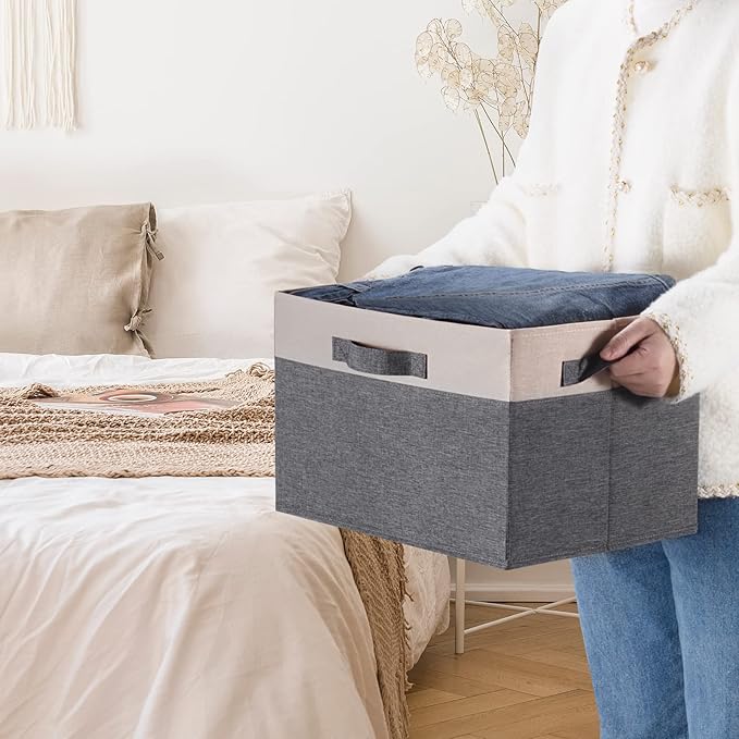 GhvyenntteS Large Fabric Storage Bins for Shelves with 3 Handles, 15x11x9.6 Inch Closet Storage Bins, Sturdy Foldable Storage Baskets for Shelves Closet Bedroom Living Room Office (Beige, Set of 3)