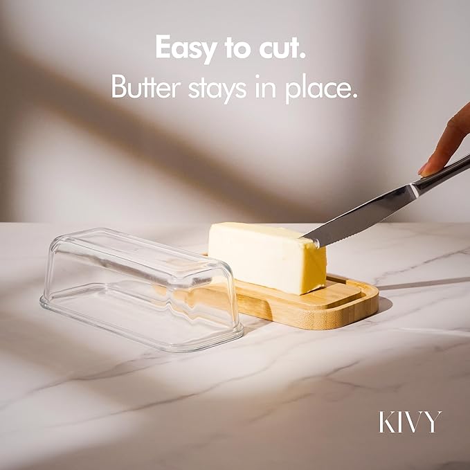 KIVY Glass butter dish with airtight lid that keeps butter soft - For countertop and refrigerator door shelf - Butter tray with lid fridge - Butter holder for counter - Covered butter dishes