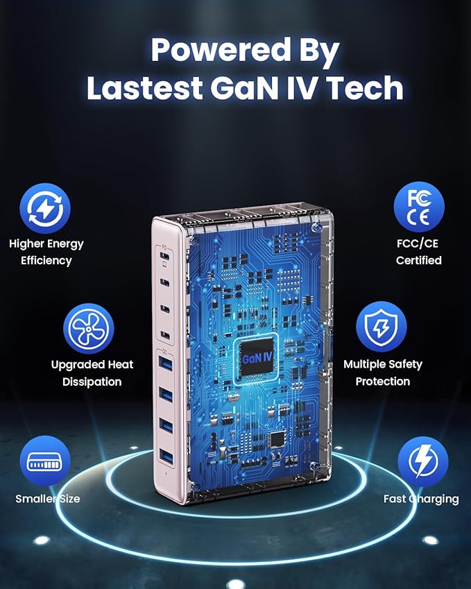 200W USB C Charger Block,GaN IV Charging Station 8 Ports,QC4.0 Fast Charging Station Hub+PD 65W USB C Laptop Charger Adapter Compatible with MacBook Air/Pro,DELL,iPhone 17/16/15,iPad,Steam Deck-Pink