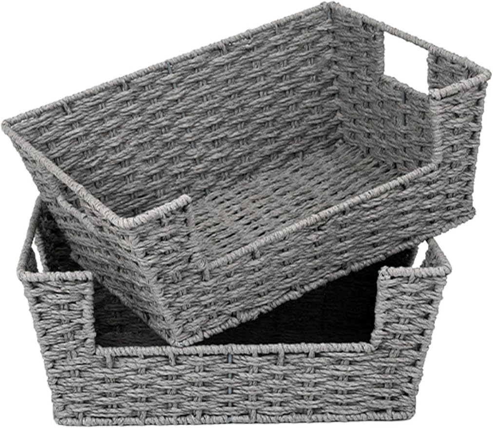 StorageWorks Round Paper Rope Woven Basket for Pantry Organizers and Storage, Stackable Wicker Pantry Baskets for Shelves, Grey, 2-Pack