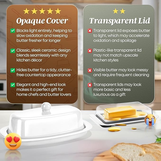 Flexzion Ceramic White European Butter Dish with Lid for Countertop (7 Inch) - 1 Stick Butter Holder for Counter, Cream Cheese Container Storage Keeper