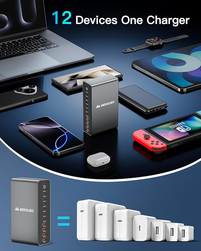 Aluminum Alloy 380W Charging Station Fast USB C Charger Block 12 Ports 65W Laptop GaN Charger for MacBook Pro/Air/iPad Pro/iPhone (Gray)