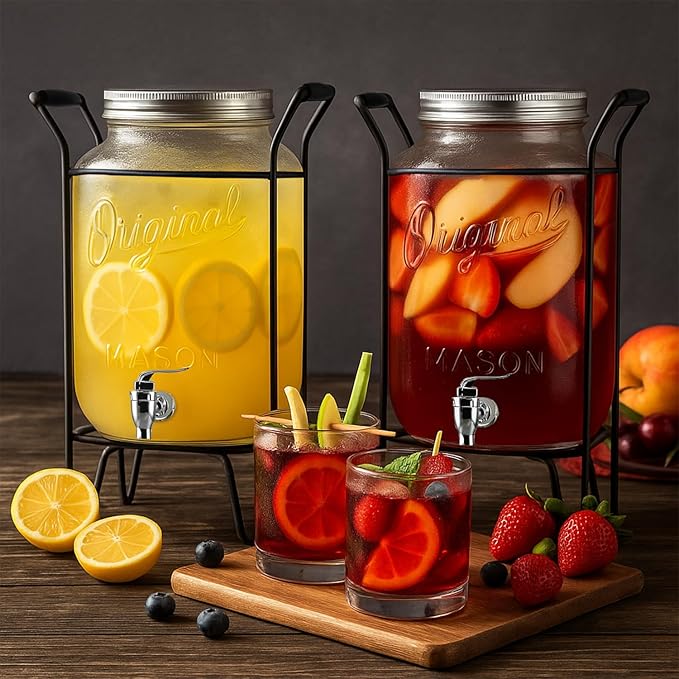 2 PACK-2 GALLON Drink Dispensers for Parties, Drink Dispensers for Parties, Original Mason Beverage Dispensers with Stand, Glass Water Jug Dispenser, 100% Leakproof Spigot Perfect For And Daily Use