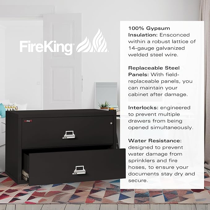 Fireking Fireproof Lateral File Cabinet (2 Drawers, Impact Resistant, Water Resistant), 27.75" H x 44.5" W x 22.13" D, Black