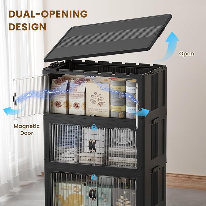 SAILUN 95Gal/381Qt Stackable Storage Bins Folding Collapsible Storage Bins with Lid, Closet Organizers and Storage Box with Door Black 28" W x 17" D x 46" H