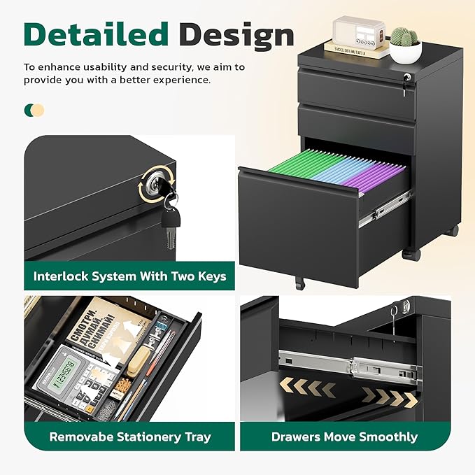 Greenvelly 3 Drawer Mobile File Cabinet with Lock, Fully Assembled Rolling File Cabinet Except Casters, Under Desk File Cabinet with Wheels for Home Office Fit Legal/Letter/A4 File (Assembled, Black)