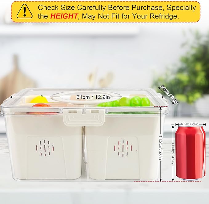 shopwithgreen Fruit Storage Containers for Fridge with Lid and Handle, Portable Fresh Produce Saver, Food Box Container with 4 Removable Colanders for Berry, Vegetable, Refrigerator Organizer Bins