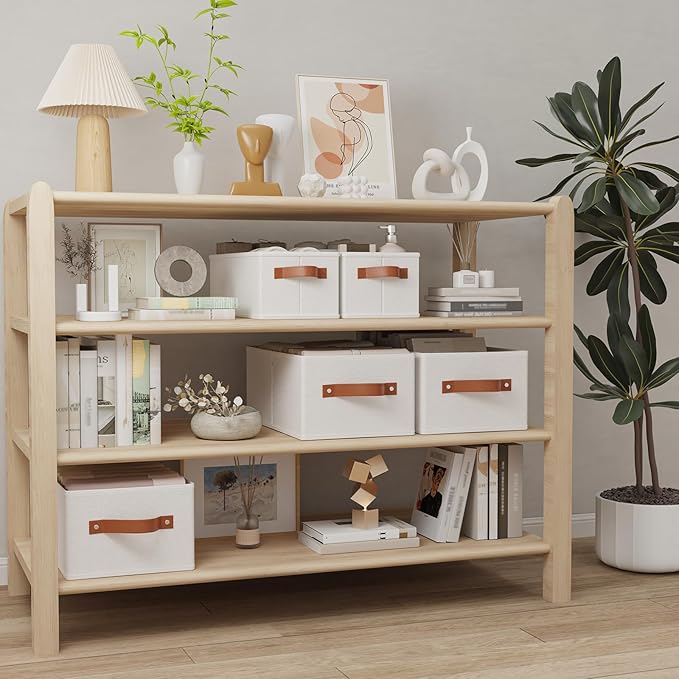 OUTBROS Foldable Wardrobe Organiser, Fabric Storage Bins, Boxes With Handles, For Bedrooms, Living Rooms, Shelves, White, 16.1 x 6.5 x 9.8 inch, 3-Pack