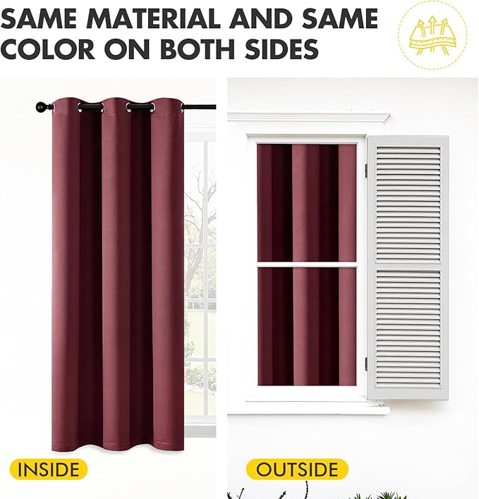 MIULEE Burgundy Red Blackout Curtains for Bedroom Living Room 63 Inches Long 2 Panels, Thermal Insulated Room Darkening Drapes Solid Grommet Top Noise Reduction Christmas Window Treatments 40x63 Inch