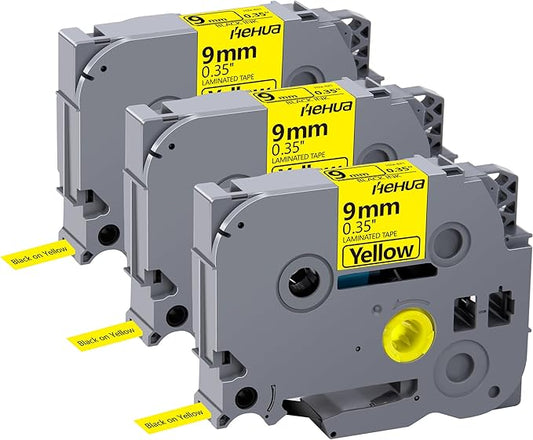 Hehua Tape Tze Tz 9mm 0.35 Laminated Yellow Compatible for Brother P-Touch TZe-621 TZe621 TZ-621 TZ621 Tape for Ptouch PT D210 D220 D200 D610 H110 1880, 3/8'' x 26.2ft Black on Yellow, 3 Pack