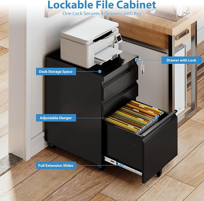 3 Drawer Mobile File Cabinet with Lock,Under Desk Storage Filing Cabinet for Home Office Fits A4 or Letter Size(Unassembled,Black)