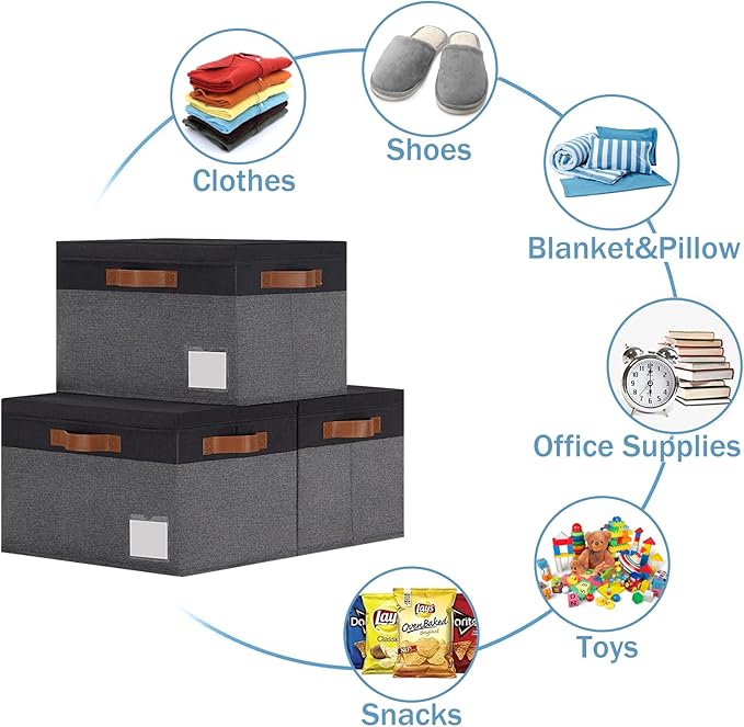GhvyenntteS Storage Bins with Lids 6 Pack, Large Storage Baskets with Lid and 3 Handles, Foldable Fabric Storage Boxes with Lid and Label for Home Office (Grey&Black, 15" x 11" x 9.7")