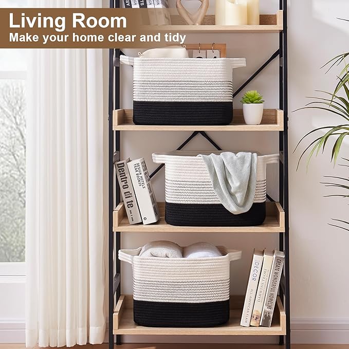 Storage Basket for Organizing, Woven Baskets for Storage, Rectangle Decorative Baskets for Shleves, Closet, Toys, Books, Nursery Organizer Bins - Pack of 3 (Gradient Black, 13"x9.85"x8.7")