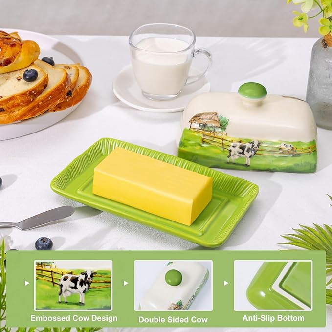 Cow Butter Dish with Lid for Countertop, Large Ceramic Embossed Butter Keeper Holder Storage, Farmhouse Butter Container Tray for East West Coast Butter Cow Kitchen Decor