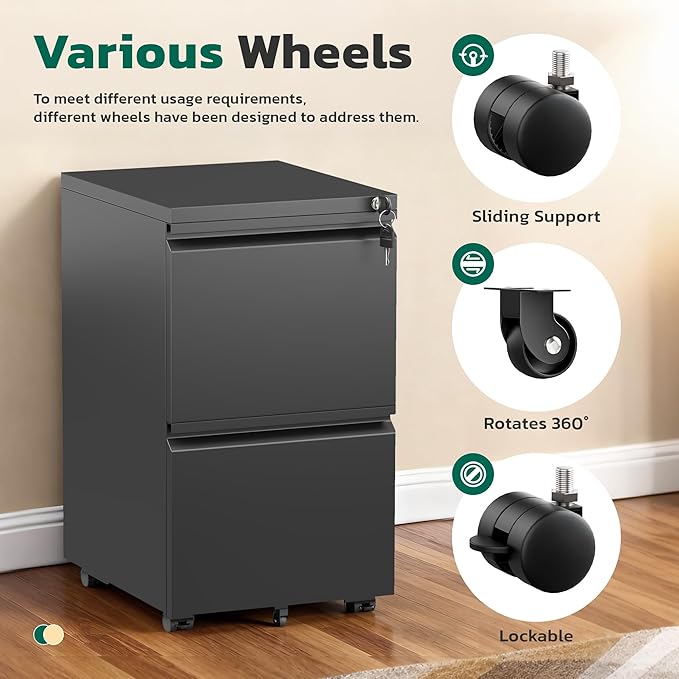Greenvelly 2 Drawer Mobile File Cabinet with Lock, Metal Filing Cabinet on Wheels, Under Desk File Cabinet for Home Office Organizer Letter/Legal/A4 File (Assembly Required, Black)