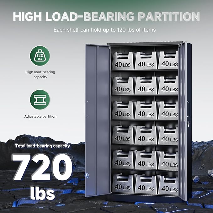 Letaya Metal Storage Cabinet with Lock Door and 5 Shelves,6 Tier Steel Garage Tool Cabinet for Home Office Utility Room 72" H X 36" W X18 D (Black Gray)