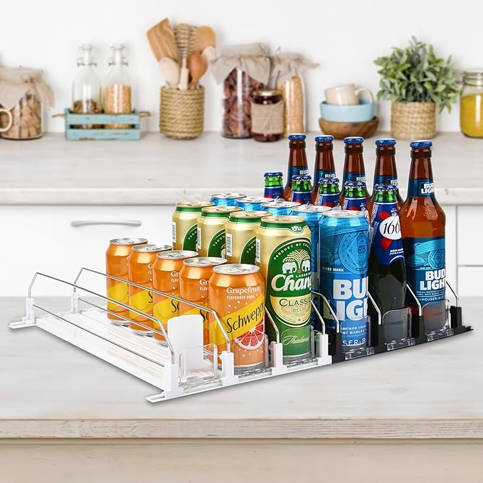 Soda Can Dispenser for Refrigerator, 3 Row Self-Pushing Rack, Fits up to 15 Cans, Width Adjustable Beverage Storage Rack, 15inch White