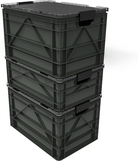 SIDIO CRATE Pro Pack - Two Full Size and One Half Size Heavy Duty Stackable Storage Bins, Totes and Containers with Lids and Dividers - Durable Organizer for Home, Office, Garage, and Outdoor Use