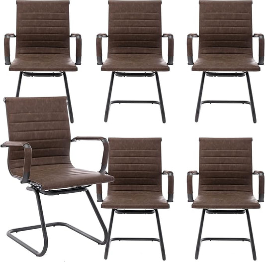 Office Desk Chair No Wheels Set of 6 PU Leather Computer Chairs Mid Back Guest Chairs for School Reception Conference Waiting Room, Vintage Brown