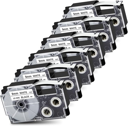 Pristar Replace for Casio XR-9WE XR9WE XR-9WE2S 9mm Labeling Tape 3/8" Black On White Label Tape Compatible with Casio EZ Label Printers KL-60 KL-100 KL-120 KL-430 KL-750 KL-780 KL-7200, 6-Pack