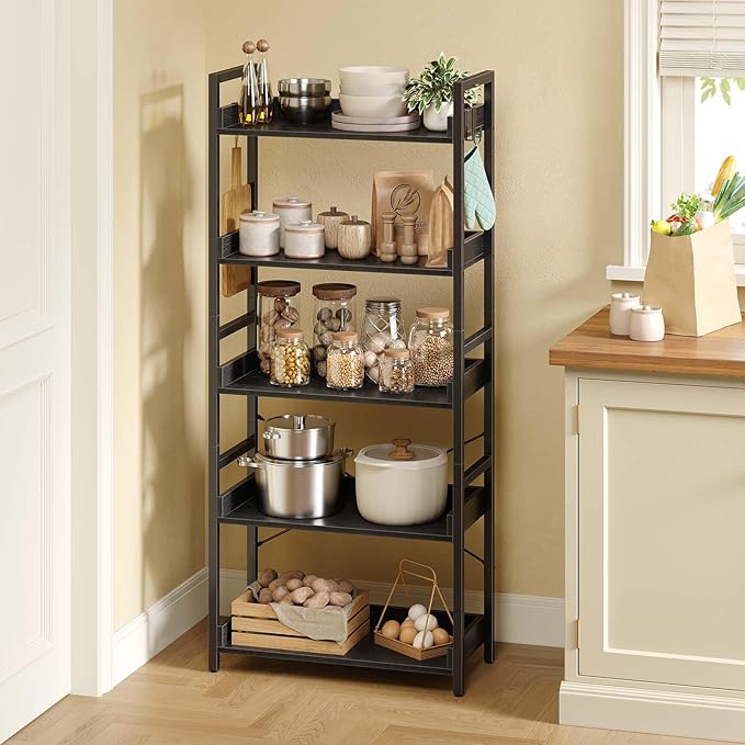 Rolanstar Bookshelf 5 Tier with 4 Hooks, Industrial Wood Bookcase, Vintage Storage Rack with Open Shelves, Rustic Standing Bookshelves Wood Frame Display Rack for Living Room, Bedroom, Black