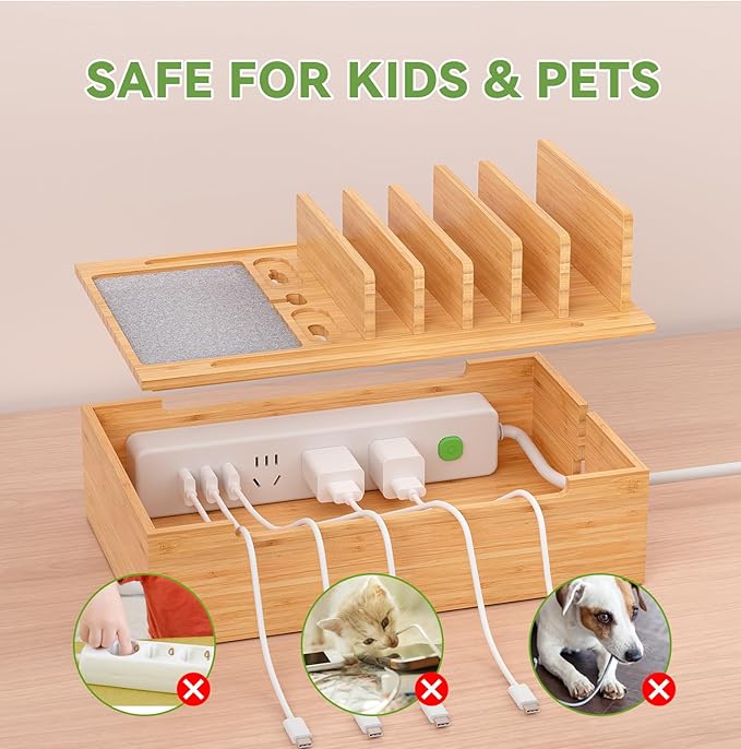 Pezin & Hulin Bamboo Charging Station, Electronic Devices Organizer for Multiple Devices Charger Such As Cell Phone, Tablet, Watch and More, Natural, (No USB Charger and Cables)