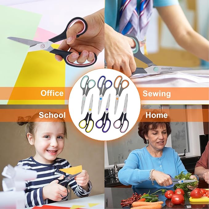 Scissors for Office School Supplies, Hnncugty 8" Scissors All Purpose Bulk Set of 6-Pack, Sharp Shears for Home Craft Sewing Fabric Middle School Student Teacher Supplies, Comfort Right/Left Handed