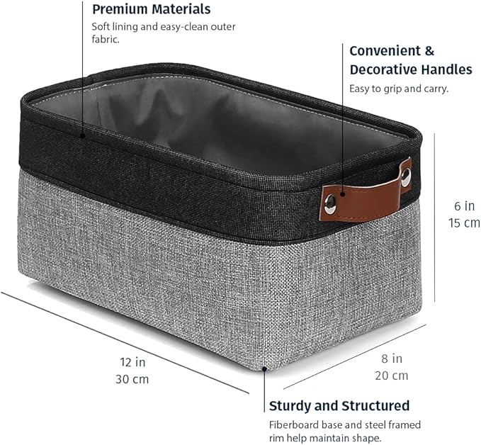 OrganiHaus Small Fabric Storage Baskets for Shelves 3 Pack, 12x08in Closet Storage Bins for Shelves, Canvas Baskets for Organizing, Linen Closet Organizers, Cloth Basket, Gray/Black