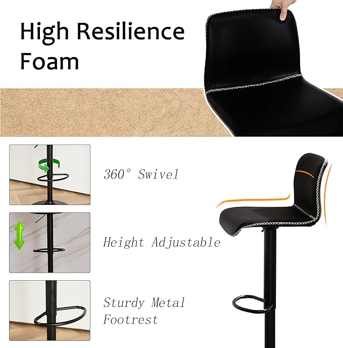 HeuGah Bar Stools Set of 3, Swivel Counter Height Barstools with Back, Adjustable Height 24" to 32", Black Faux Leather Bar Chairs for Kitchen Island (Black, Set of 3 (24'' to 32''))