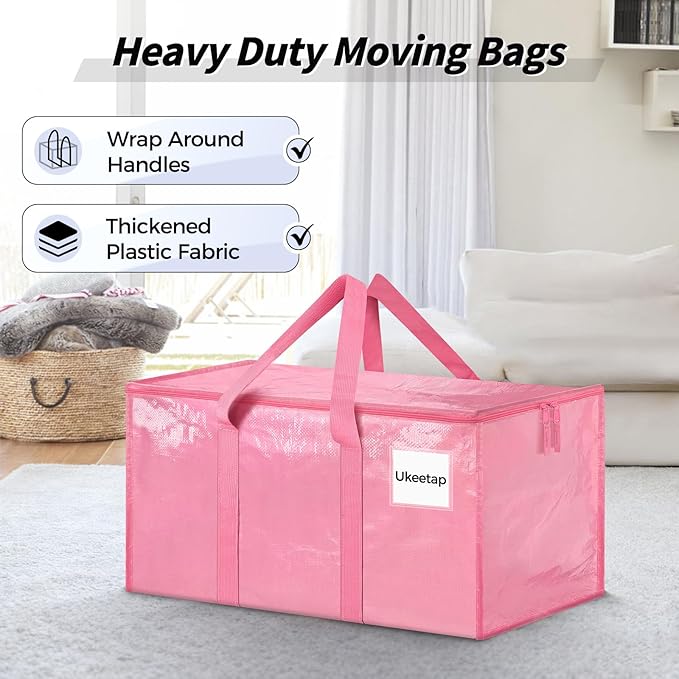 16 Pack Extra Large Heavy Duty Moving Bags, Pink Storage Bins with Lids, Reinforced Handles & Heavy-Duty Zippers Moving Boxes Storage Bags Totes for Clothes Packing, Dorms, College Supplies, Pink