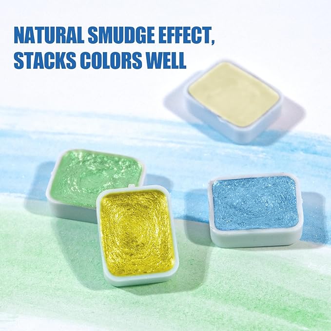 Mini Glitter Watercolor Paint Set with Paper, 24 Colors Shimmer Metallic Watercolour Painting Sets, Solid Pearl Water Color Paints for Adult, Kids, Green 1ml Trial Pack(Letter from Spring)