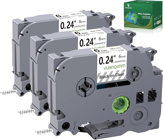 TZe-111 6mm TZe Clear Tape Compatible with Brother PTouch TZe111 TZ-111 TZ111 TZ 6mm 0.23 Laminated Black on Clear Label Maker Tape for PT D200 D210 D220 D400 PT-H110, 3-Pack